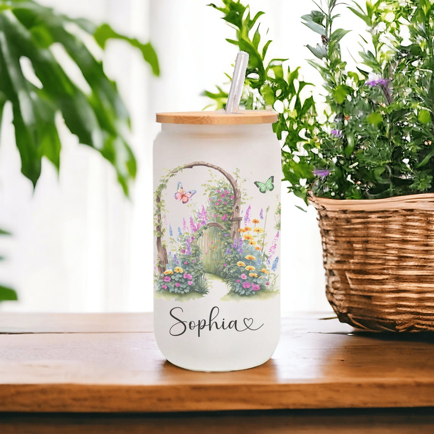 Personalized Plant Lover Frosted Glass Cup - Custom Iced Coffee Tumbler