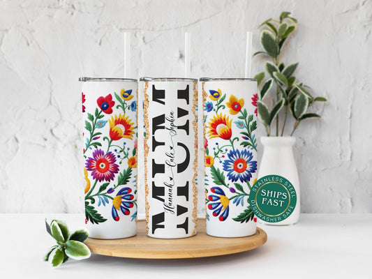 Personalized Mum Tumbler - Mexican Embroidery Gift with Kids' Names for Birthday