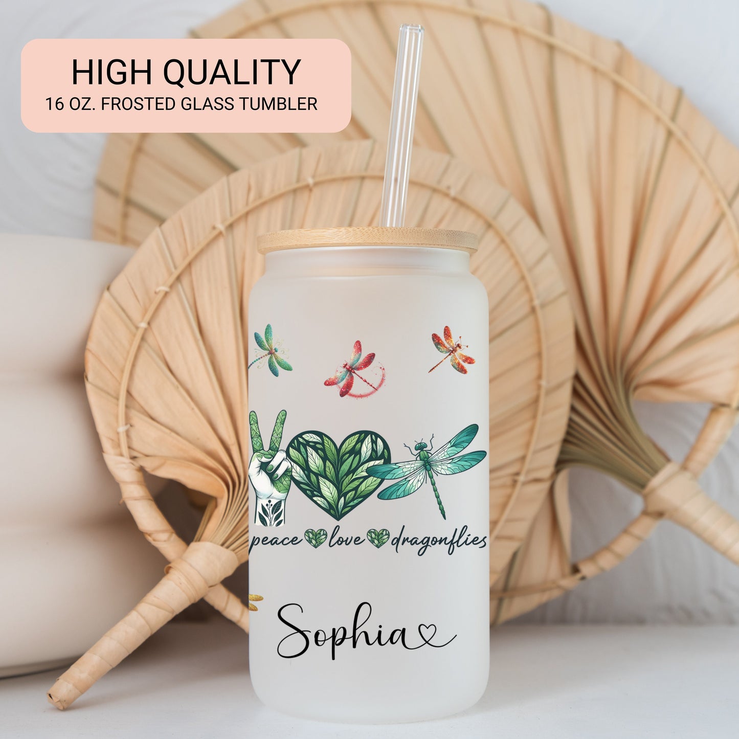 Personalized Dragonfly Frosted Glass Cup - Custom Engraved Coffee Mug | Peace & Love Design