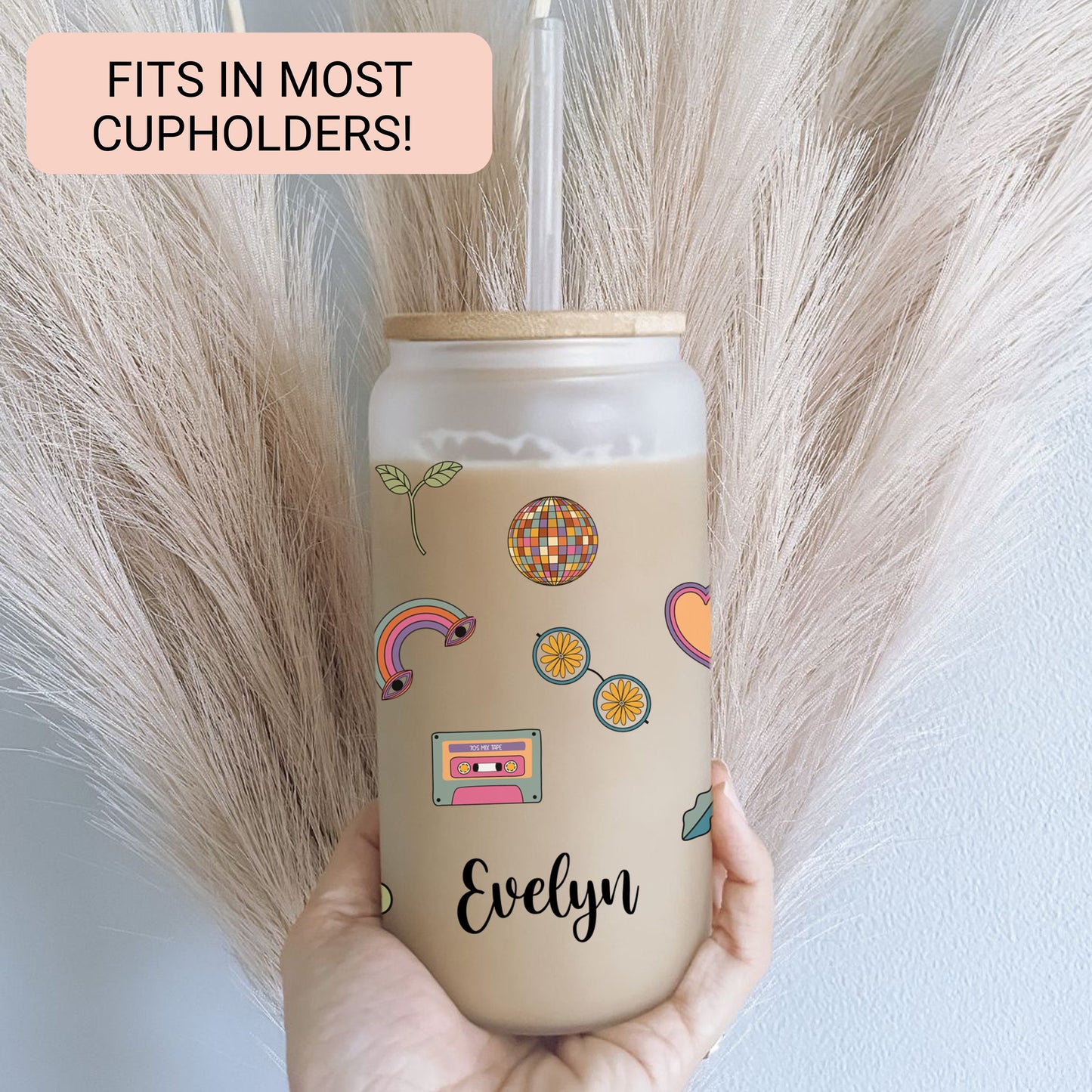 Personalized Retro Flower Glass Cup - Custom Frosted Iced Coffee Tumbler