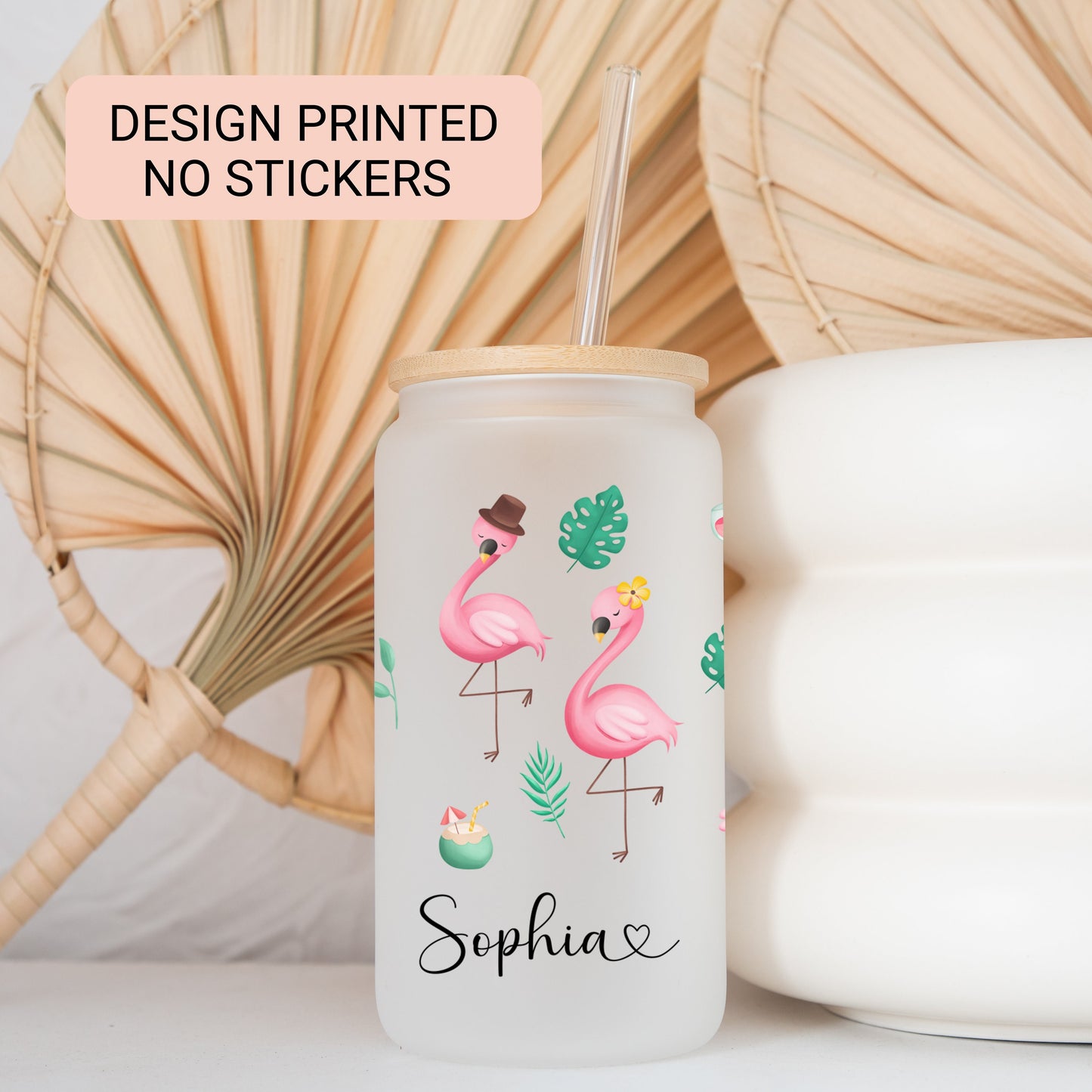 Personalized Flamingo Frosted Glass Tumbler - Custom Iced Coffee Cup