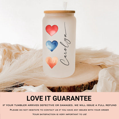 Personalized Watercolor Heart Tumbler - Frosted Glass Gift for Coffee Lovers