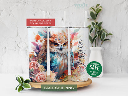 Three tumblers are showing all sides of an Owl Tumbler. There is an owl, flowers, glitter, and a personalized name.