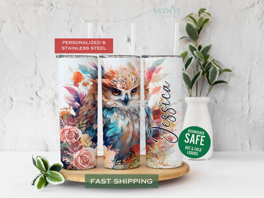 Three tumblers are showing all sides of an Owl Tumbler. There is an owl, flowers, glitter, and a personalized name.