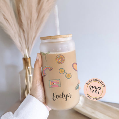 Personalized Retro Flower Glass Cup - Custom Frosted Iced Coffee Tumbler