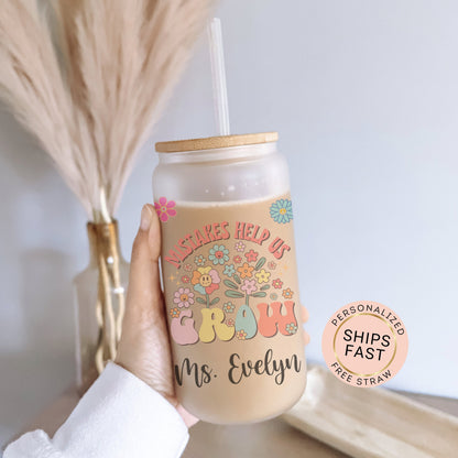 Personalized Teacher Frosted Glass Tumbler - Custom Iced Coffee Cup Gift