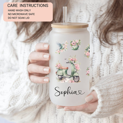Personalized Romantic Frosted Glass Tumbler - Custom Floral Iced Coffee Cup