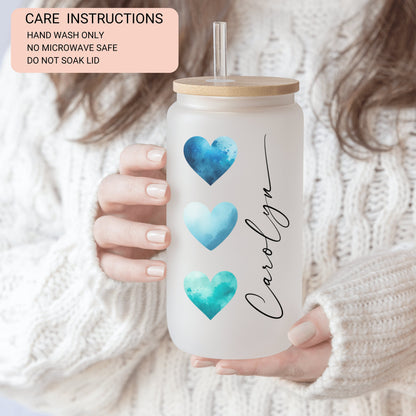 Personalized Blue Heart Glass Cup - Custom Frosted Tumbler for Iced Coffee Lovers