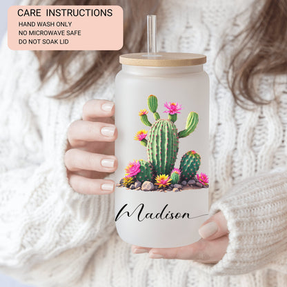 Personalized Cactus Frosted Glass Cup - Custom Tumbler for Iced Coffee Lovers