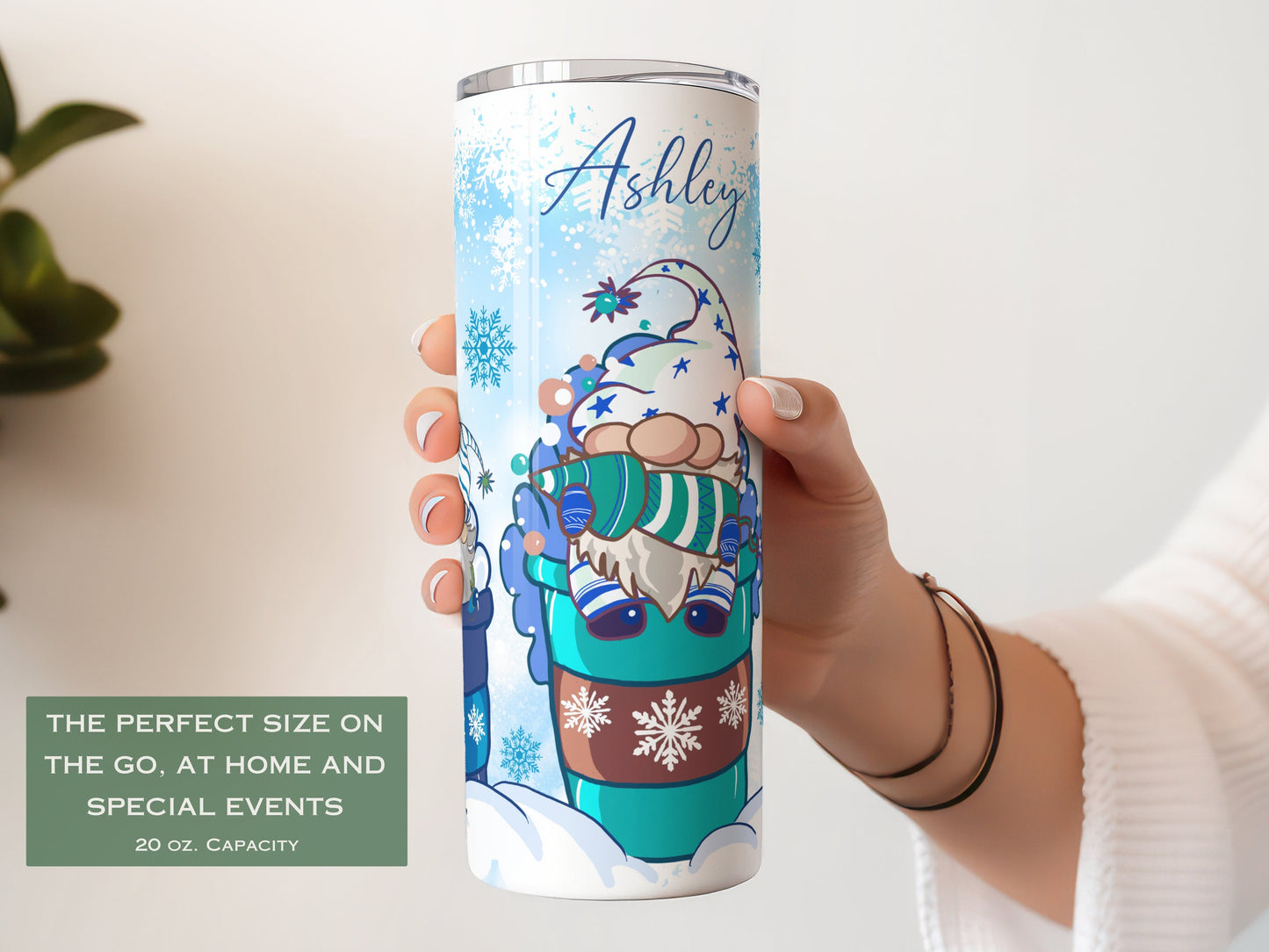 Personalized Christmas Gnome Tumbler - Winter Gift with Snowflakes