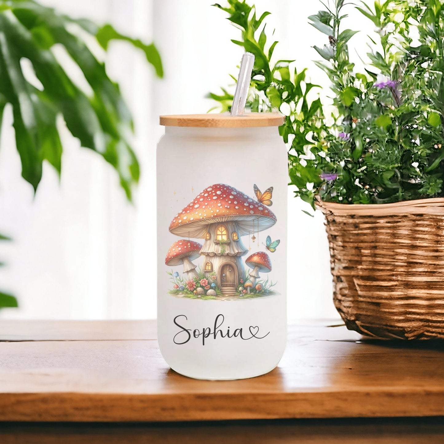 Personalized Mushroom Frosted Glass Cup - Custom Iced Coffee Tumbler