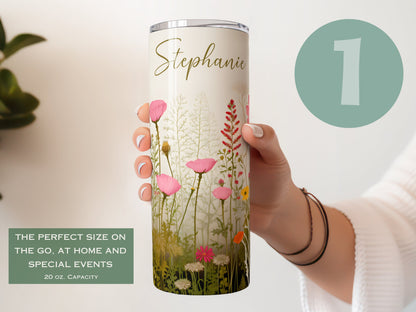 Floral Tumbler Personalized, Floral Tumbler Gift For Her, Floral Name Tumbler, Wildflower Tumbler Gift For Women, Custom Name Floral Tumbler
