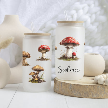 Personalized Retro Mushroom Frosted Glass Cup - Custom Tumbler for Iced Drinks