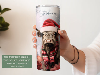 Personalized Christmas Highland Cow Tumbler - Winter Gift for Cow Lovers