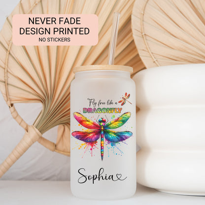 Personalized Dragonfly Frosted Glass Tumbler - Custom Fly Free Iced Coffee Cup