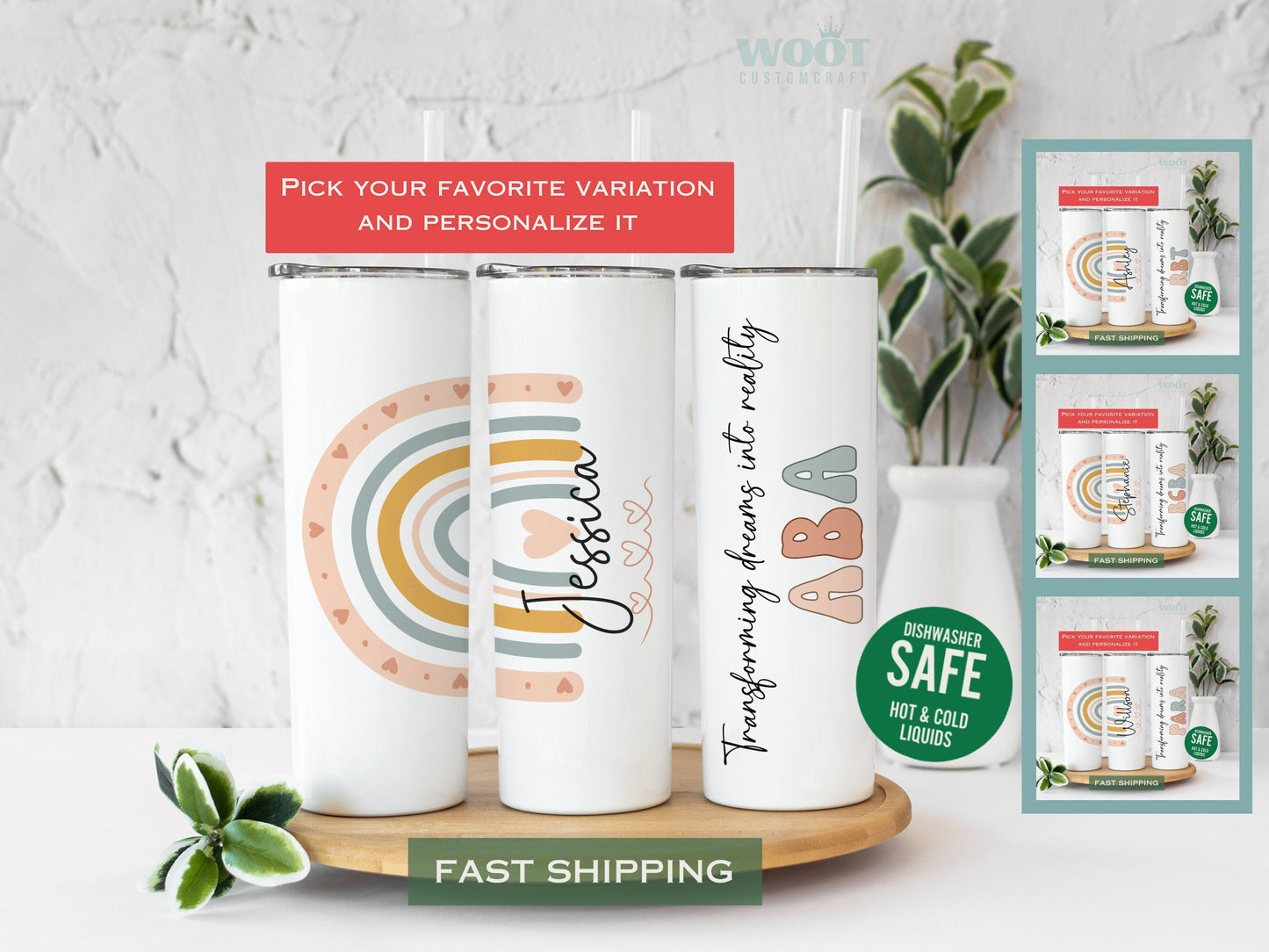 There are 3 tumblers showing all the sides of an poersoalized ABA Tumbler.