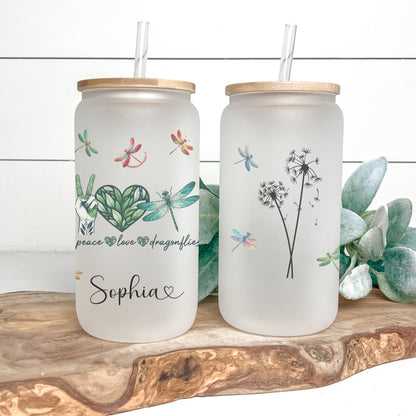 Personalized Dragonfly Frosted Glass Cup - Custom Engraved Coffee Mug | Peace & Love Design
