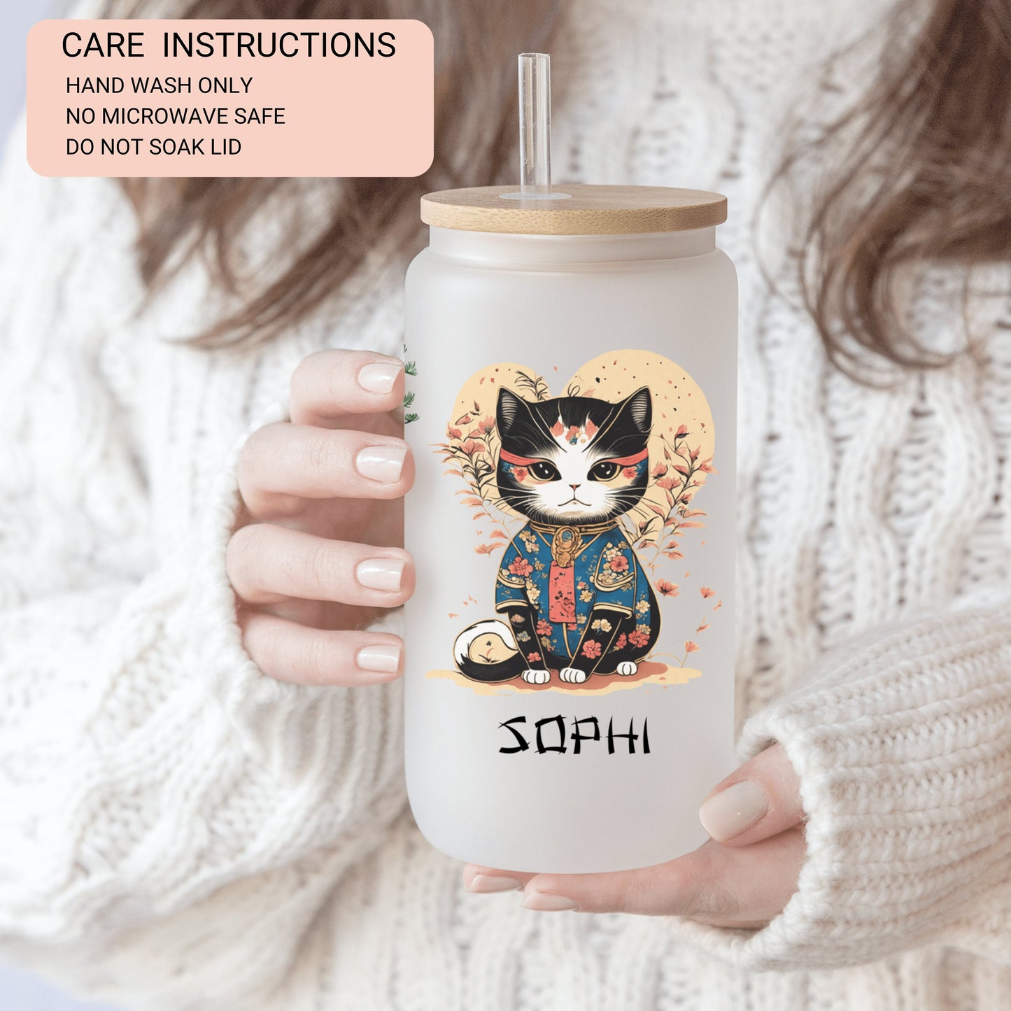 Personalized Japanese Cat Glass Tumbler - Custom Iced Coffee Gift for Cat Lovers