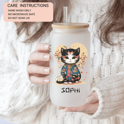 Personalized Japanese Cat Glass Tumbler - Custom Iced Coffee Gift for Cat Lovers
