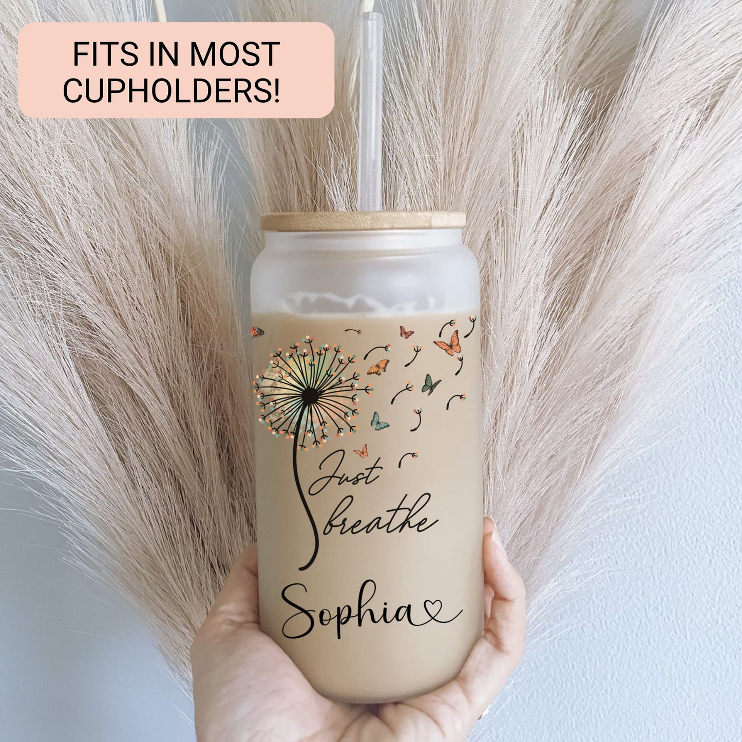 Personalized Just Breathe Frosted Glass Cup - Custom Engraved Can Gift