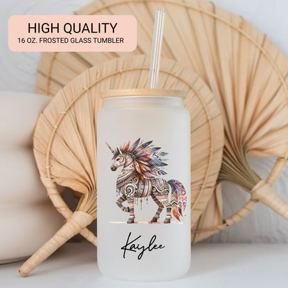 Personalized Unicorn Frosted Glass Cup - Custom Native Unicorn Tumbler for Iced Coffee Lovers
