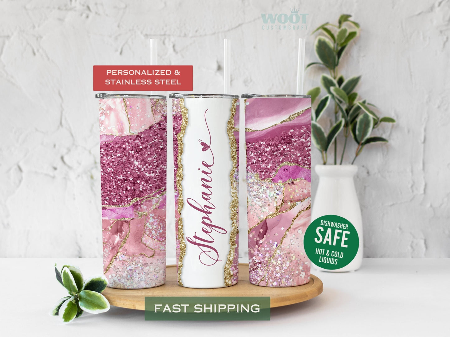 Personalized Pink Tumbler Name Cup Marble Gift for Her