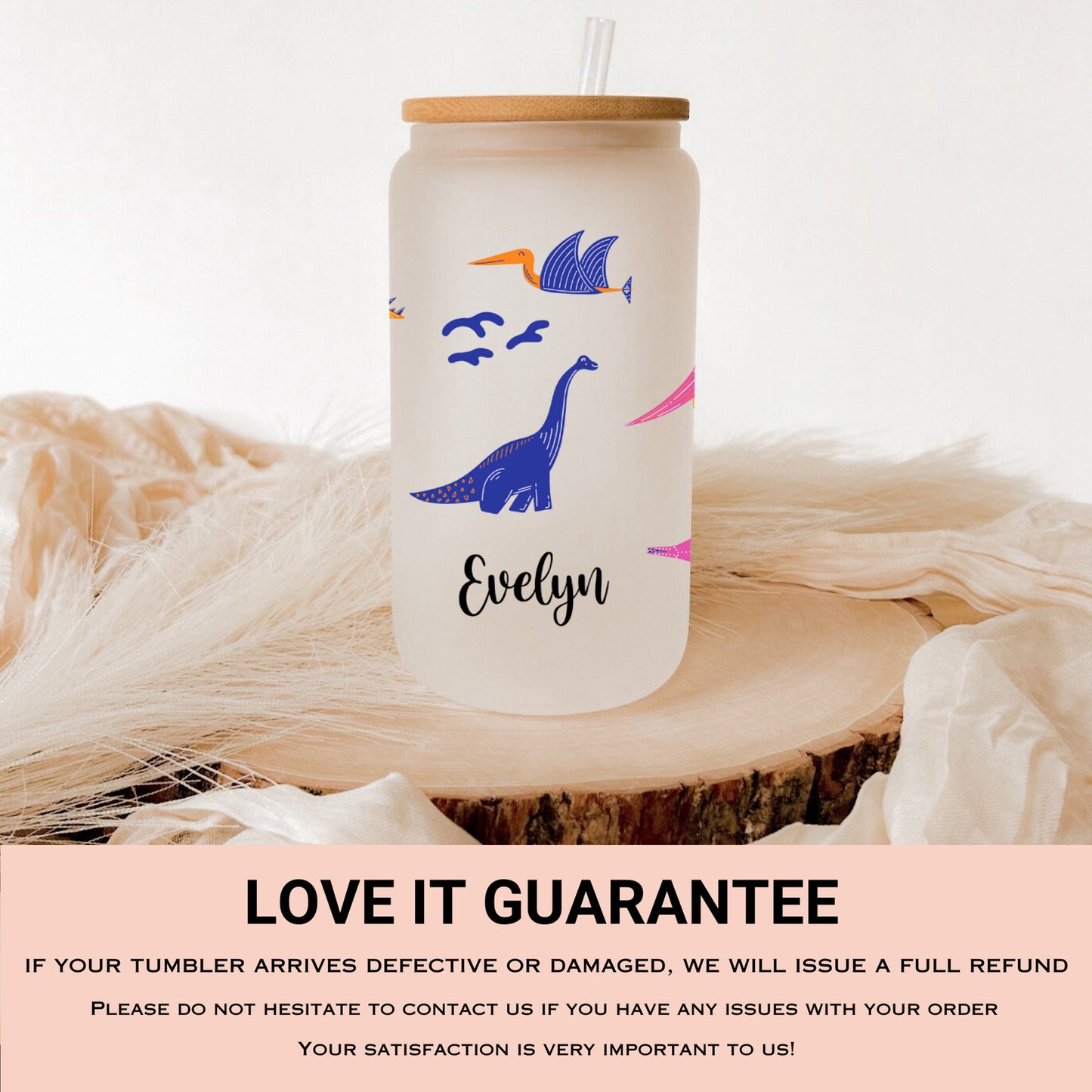 Personalized Dinosaur Frosted Glass Tumbler - Unique Iced Coffee Gift