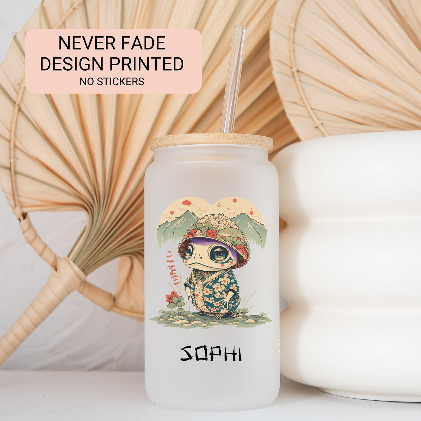 Personalized Japanese Frog Glass Cup - Unique Custom Iced Coffee Gift