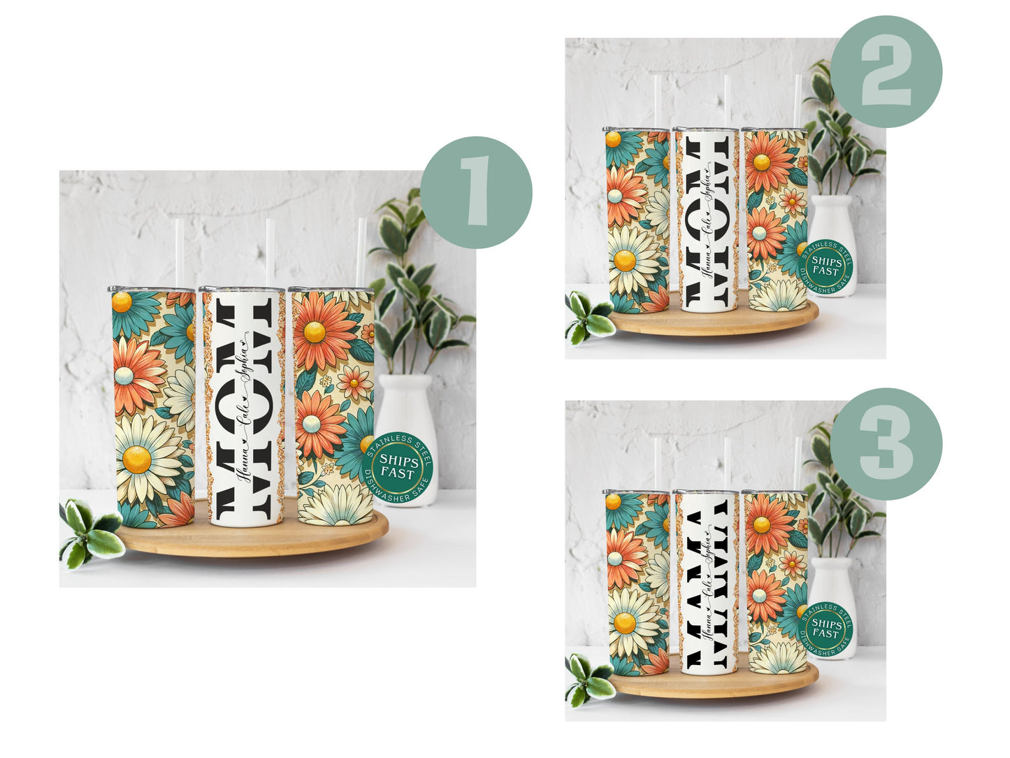 Personalized Retro Flower Tumbler - Custom Mum Gift with Kids' Names for Mothers Day