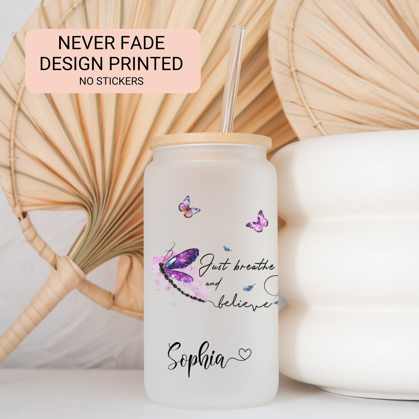 Personalized Dragonfly Frosted Tumbler - Just Breathe Iced Coffee Gift