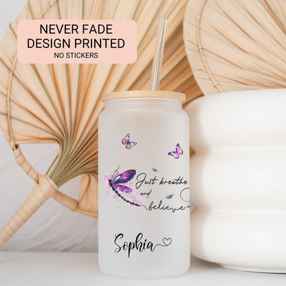 Personalized Dragonfly Frosted Tumbler - Just Breathe Iced Coffee Gift
