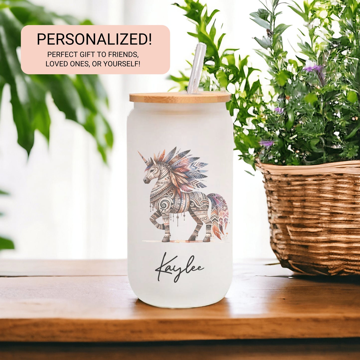 Personalized Unicorn Frosted Glass Cup - Custom Native Unicorn Tumbler for Iced Coffee Lovers