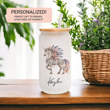 Personalized Unicorn Frosted Glass Cup - Custom Native Unicorn Tumbler for Iced Coffee Lovers