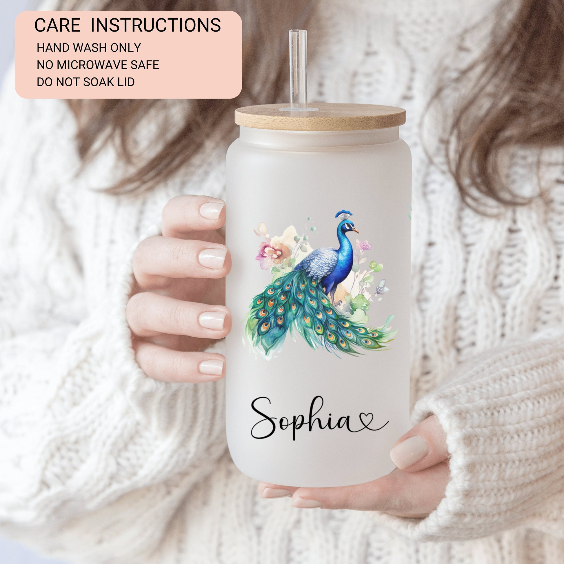 Floral Custom Peacock Frosted Glass Cup Peacock Glass Tumbler