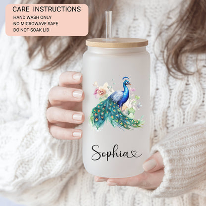 Floral Custom Peacock Frosted Glass Cup Peacock Glass Tumbler