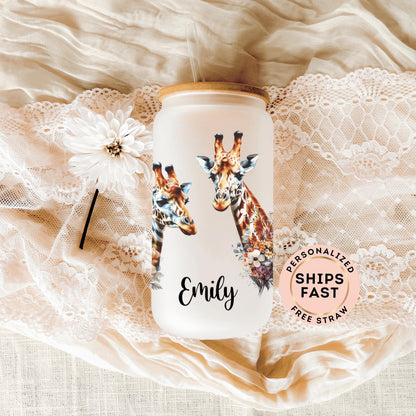 Personalized giraffe cup featuring a funny giraffe design perfect as a custom frosted glass tumbler for animal lovers