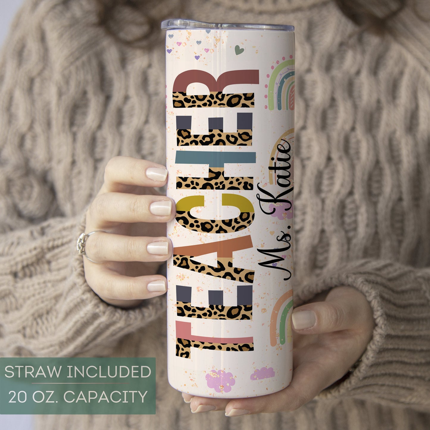 Custom Rainbow Teacher Tumbler - Personalized Travel Cup Gift for Educators