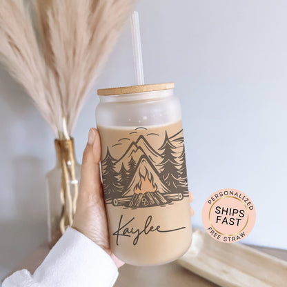 Personalized Camping Frosted Glass Tumbler - Custom Cup for Outdoor & Coffee Lovers