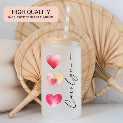 Red Heart Cup Personalized, Red Heart Glass Cup, Custom Red Heart Frosted Glass Cup, Red Heart Glass Tumbler, Red Heart Iced Coffee Cup Gift