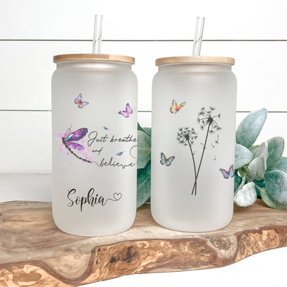 Personalized Dragonfly Frosted Tumbler - Just Breathe Iced Coffee Gift
