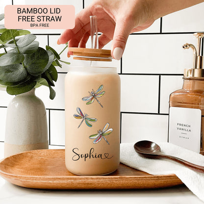 Personalized Dragonfly Glass Tumbler - Custom Iced Coffee Cup