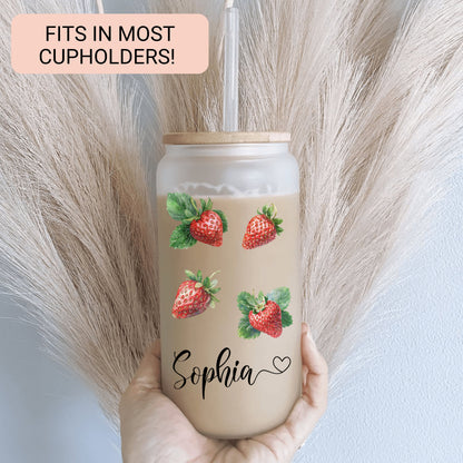 Personalized Strawberry Frosted Glass Tumbler - Custom Iced Coffee Cup for Fruit Lovers