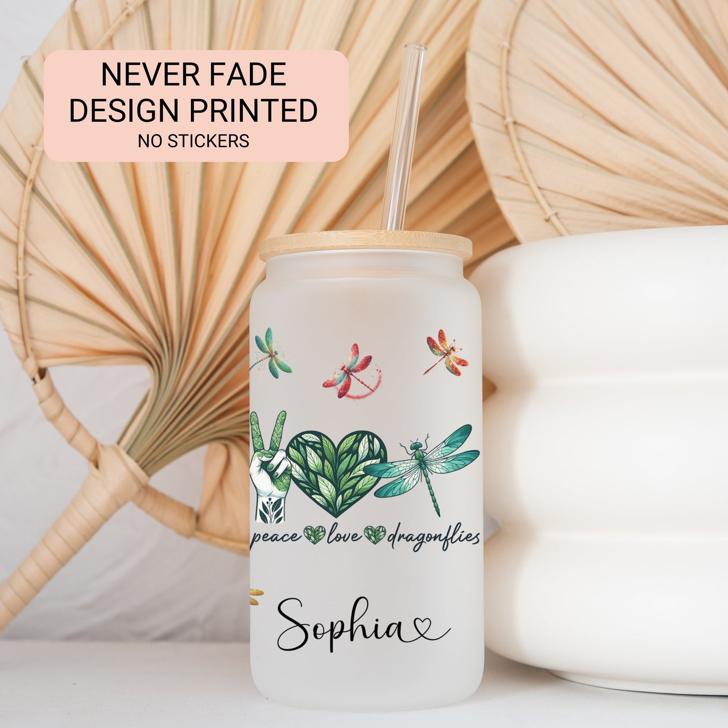 Personalized Dragonfly Frosted Glass Cup - Custom Engraved Coffee Mug | Peace & Love Design