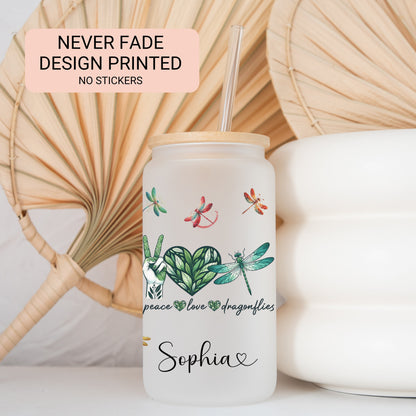 Personalized Dragonfly Frosted Glass Cup - Custom Engraved Coffee Mug | Peace & Love Design