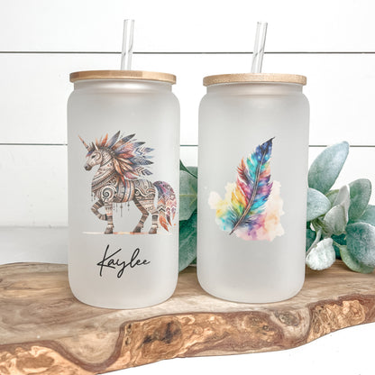 Personalized Unicorn Frosted Glass Cup - Custom Native Unicorn Tumbler for Iced Coffee Lovers