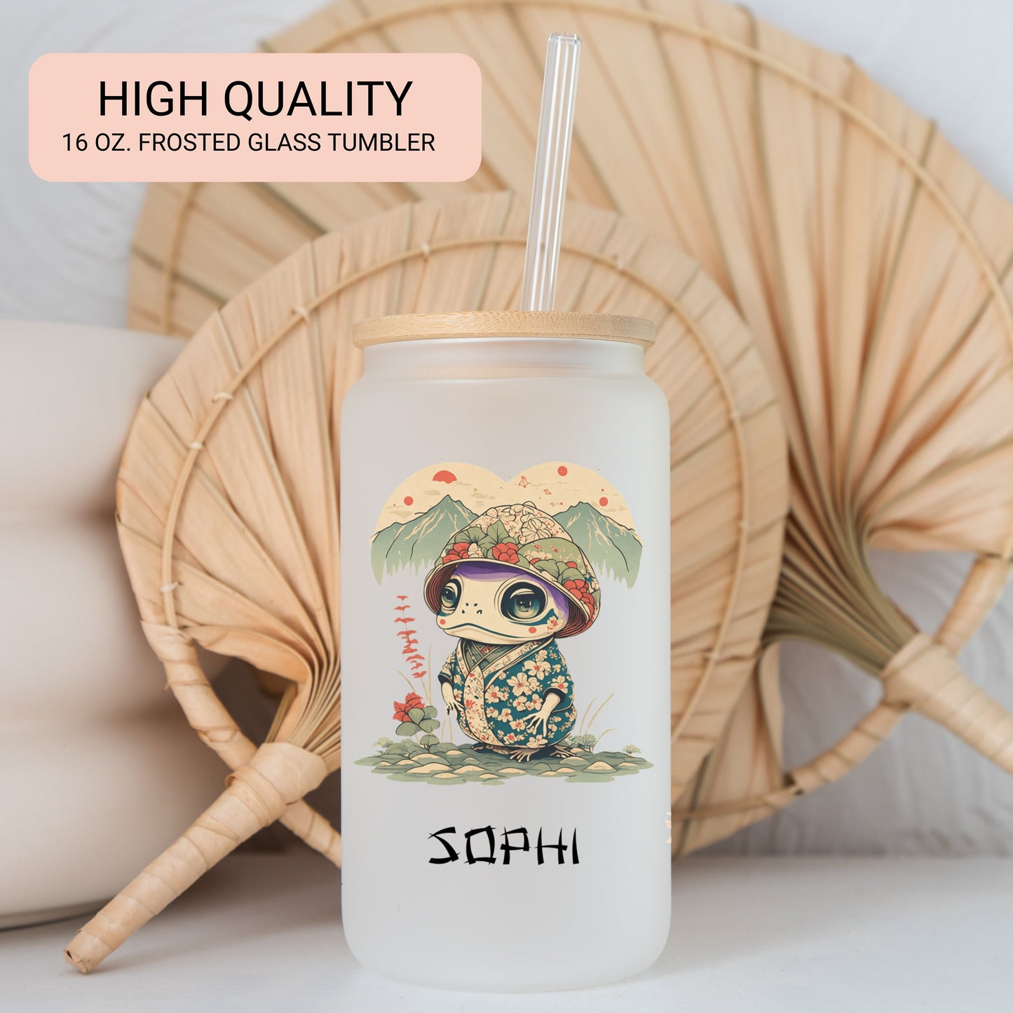 Personalized Japanese Frog Glass Cup - Unique Custom Iced Coffee Gift