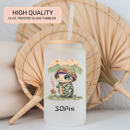 Personalized Japanese Frog Glass Cup - Unique Custom Iced Coffee Gift