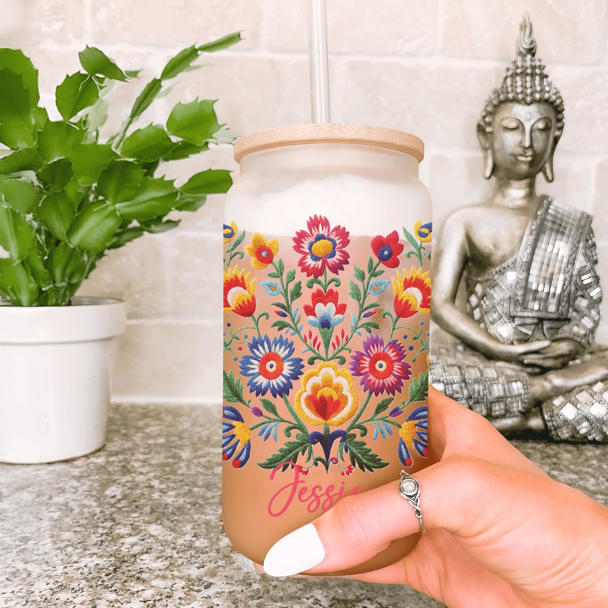 Mexican embroidery design frosted glass tumbler perfect for serving hot or cold drinks with a touch of heritage