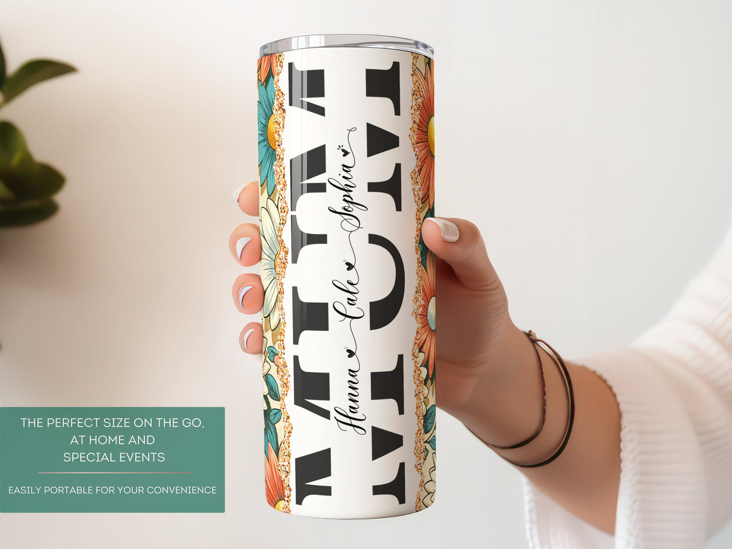 Personalized Retro Flower Tumbler - Custom Mum Gift with Kids' Names for Mothers Day