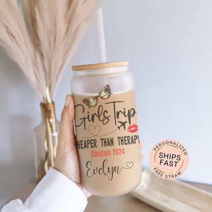 Personalized Girls Trip Frosted Glass Tumbler - Custom Iced Coffee Cup for Travel Memories